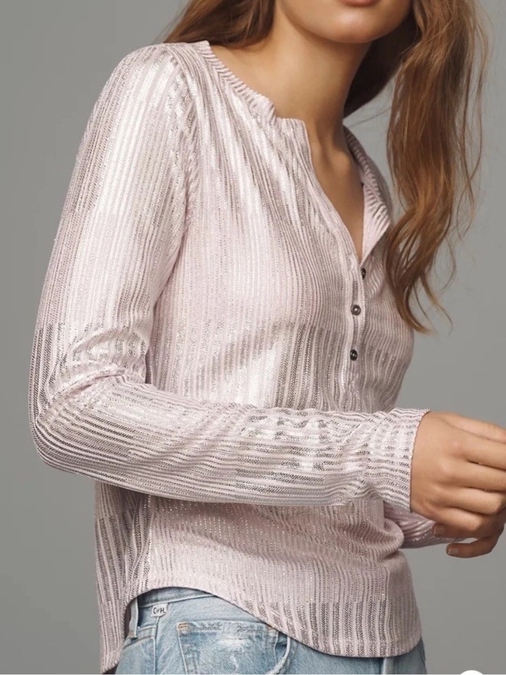 Pilcro Pale Pink Metallic Shimmer Ribbed Andie Blouse